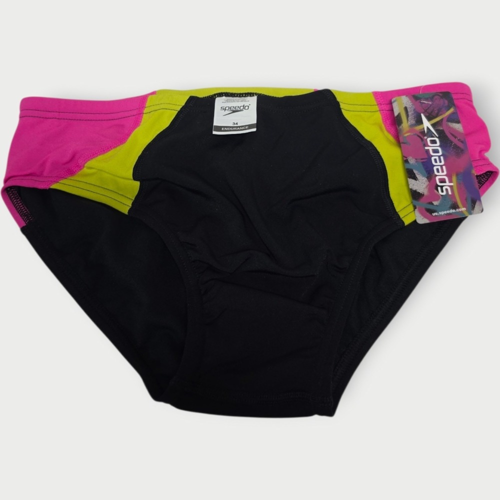 NWT Speedo Mens Size 34 Anthracite Flare Pink Swim Brief Trunks Endurance BLACK